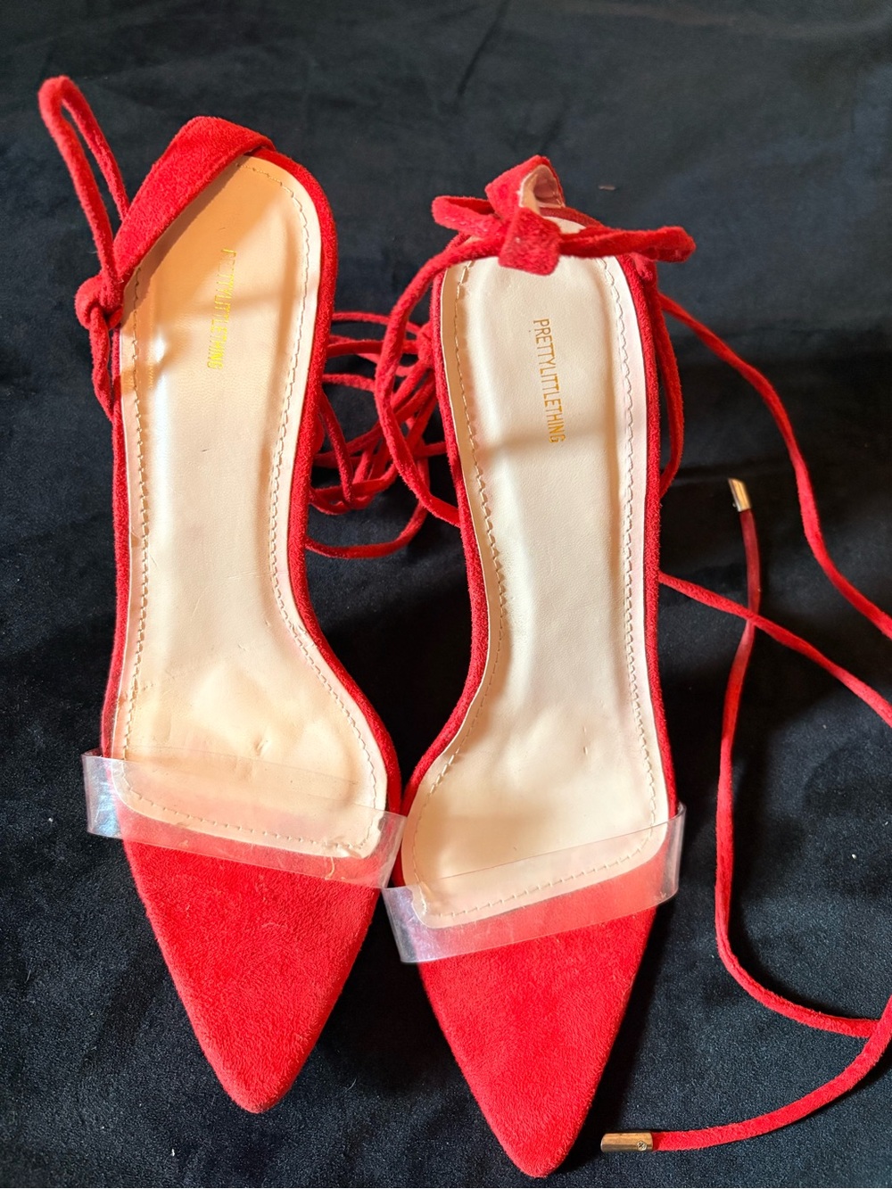 PrettyLittleThing Red Pointed Toe Lace-Up Heels with Clear Strap